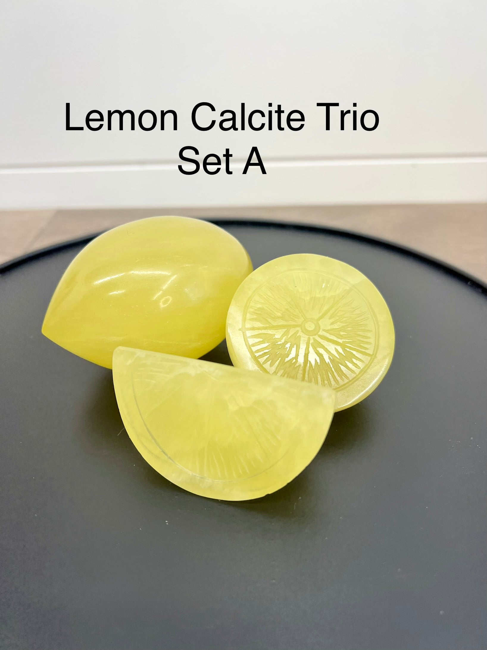 Calcite Fruit Trio – Lemon Set includes sphere, Full Slice & Wedge (Choose Your Set A–E)