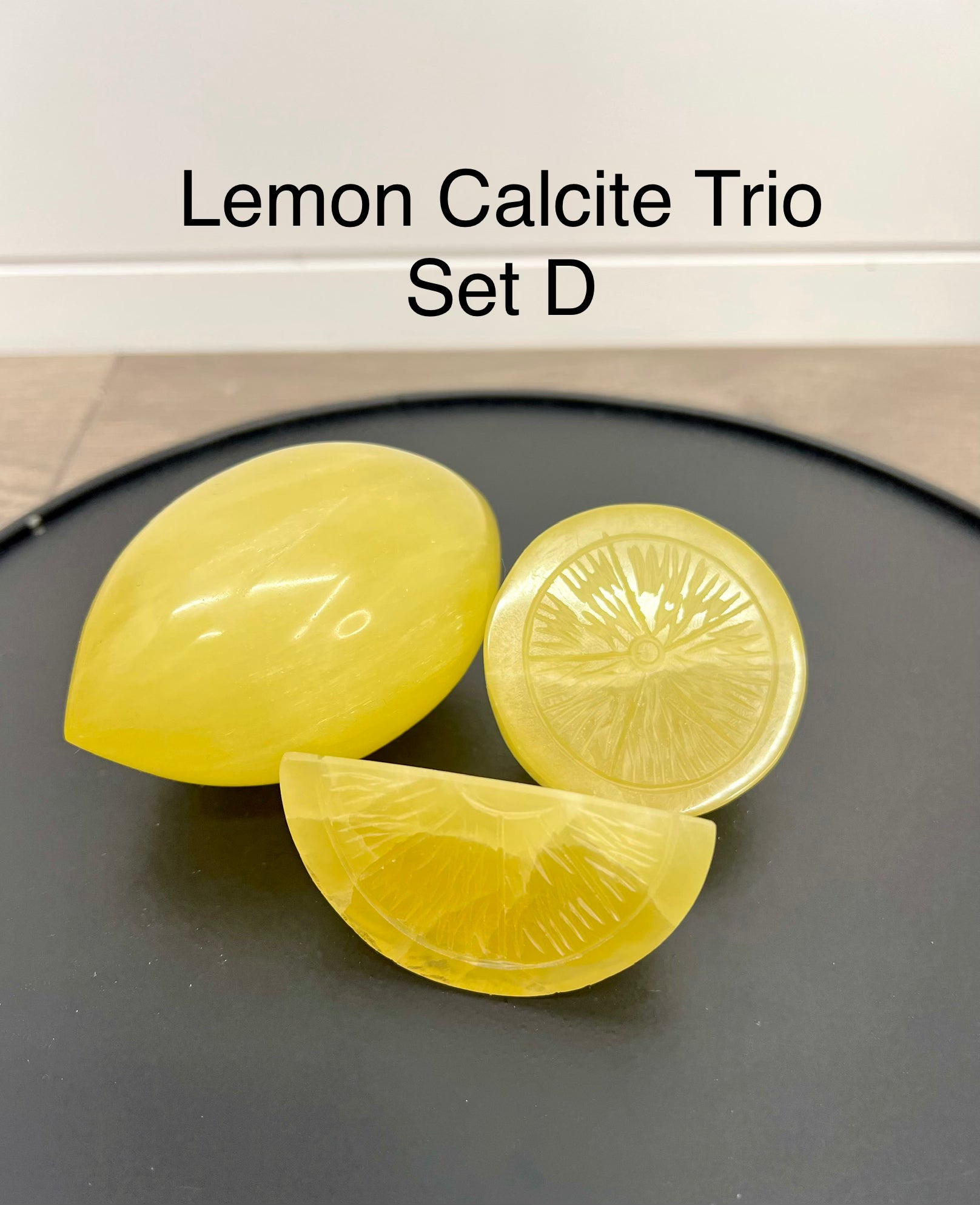 Calcite Fruit Trio – Lemon Set includes sphere, Full Slice & Wedge (Choose Your Set A–E)