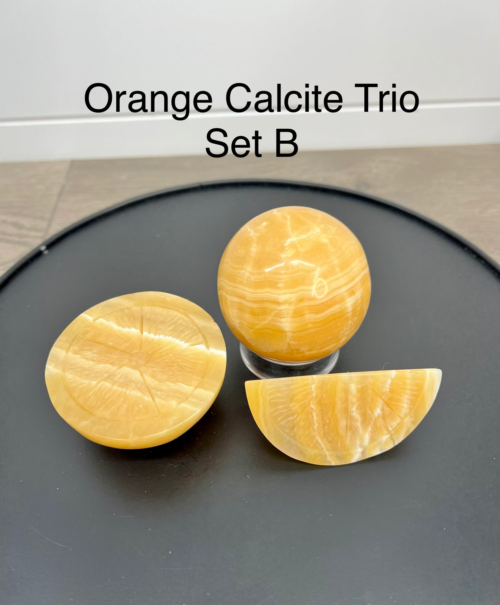 Calcite Fruit Trio – Lemon Set includes sphere, Full Slice & Wedge (Choose Your Set A–E)